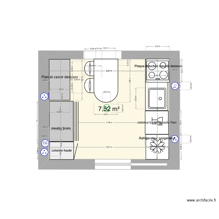 cuisine. Plan de 1 pièce et 8 m2