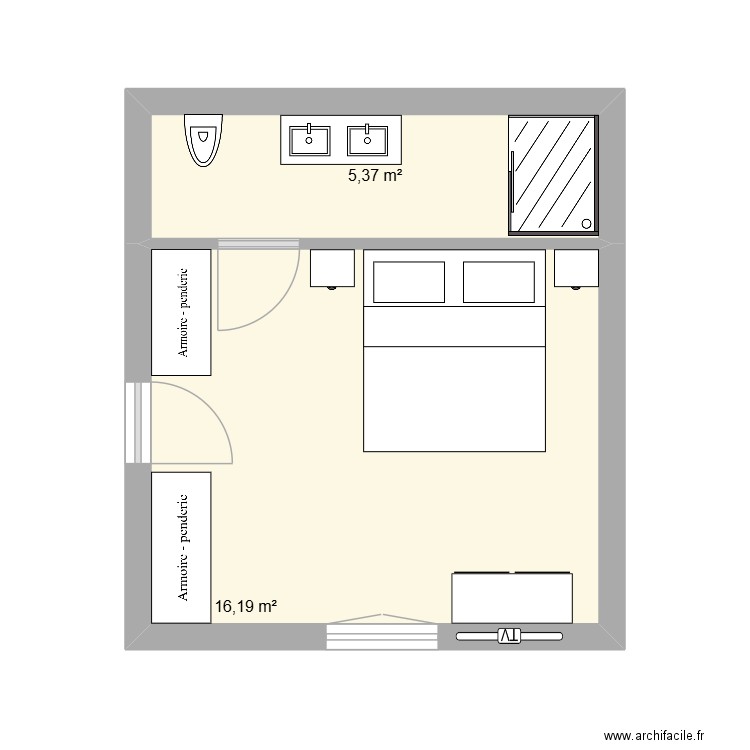 CHAMBRE. Plan de 2 pièces et 22 m2