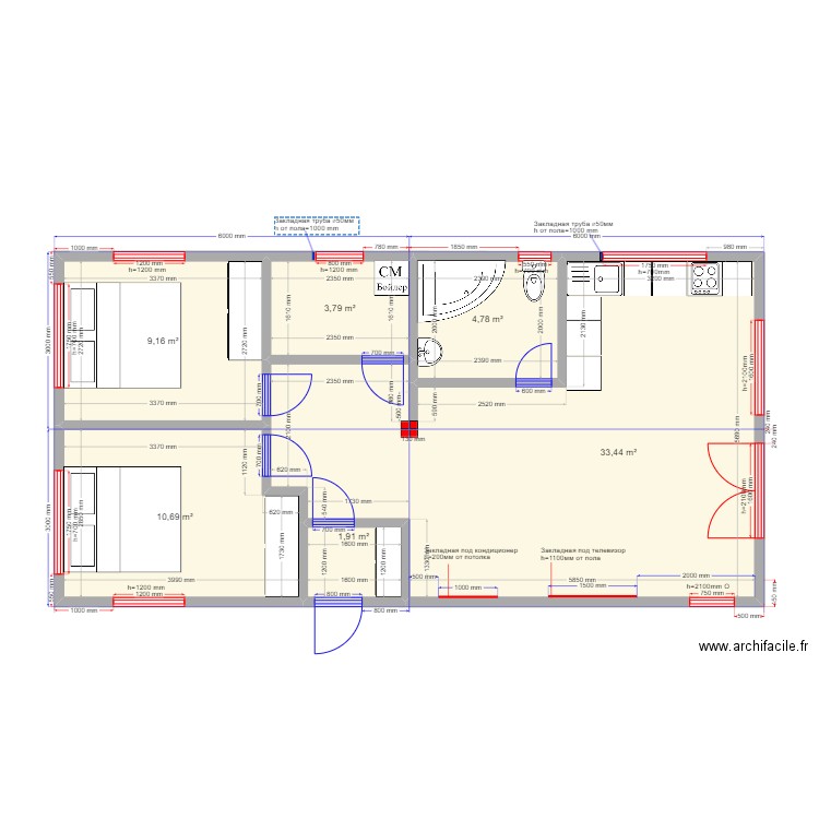 Барн Калязин кар1. Plan de 6 pièces et 64 m2