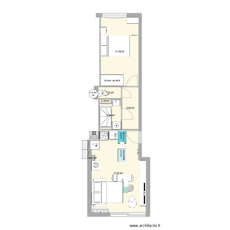 T2 CUNEO V2 après. Plan de 7 pièces et 36 m2