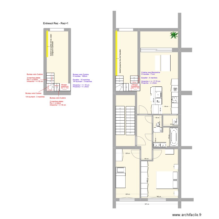 Banning 83 1e étage : Escalier vers Mezzanine. Plan de 9 pièces et 90 m2