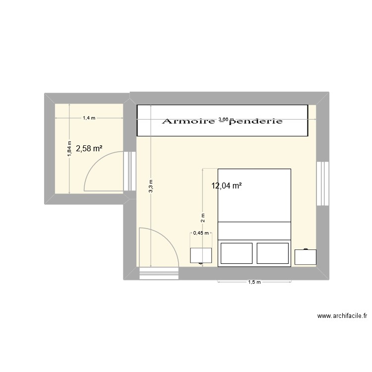 chambre Monique. Plan de 2 pièces et 15 m2