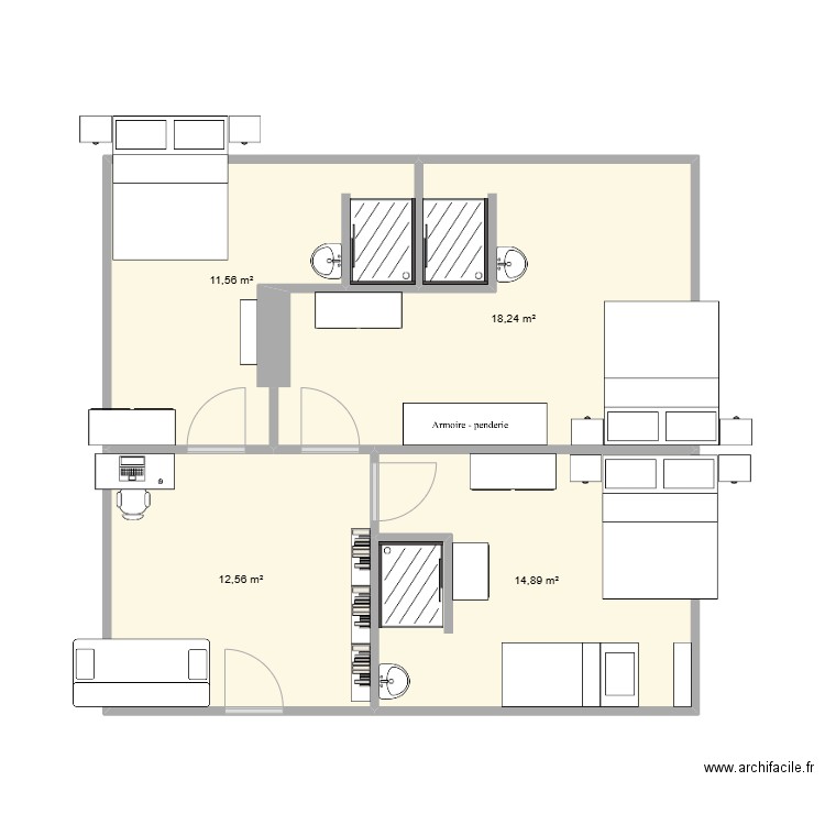 Grenier Ferme V1. Plan de 4 pièces et 57 m2