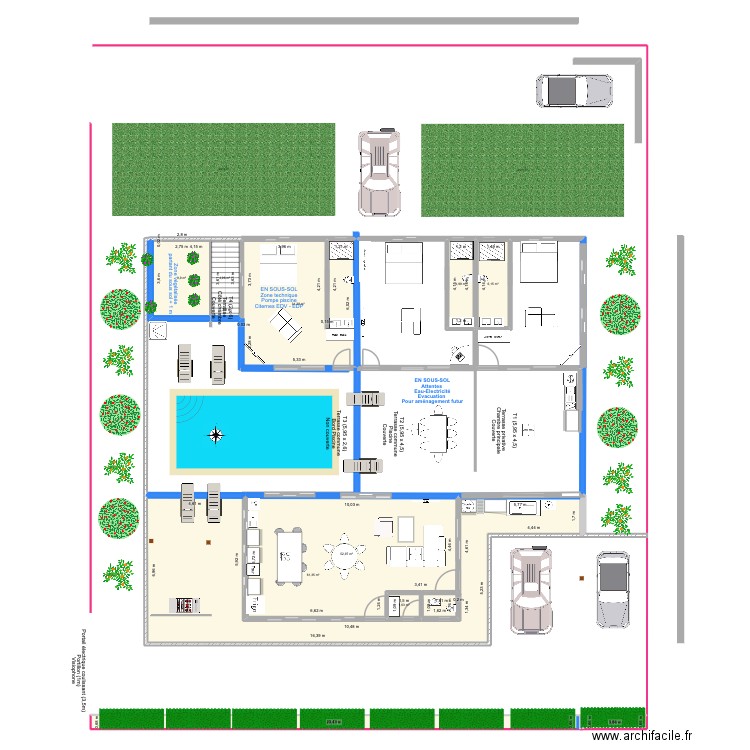 Esquisse 2 blocs sans toits avec meubles et sous-sol. Plan de 10 pièces et 191 m2
