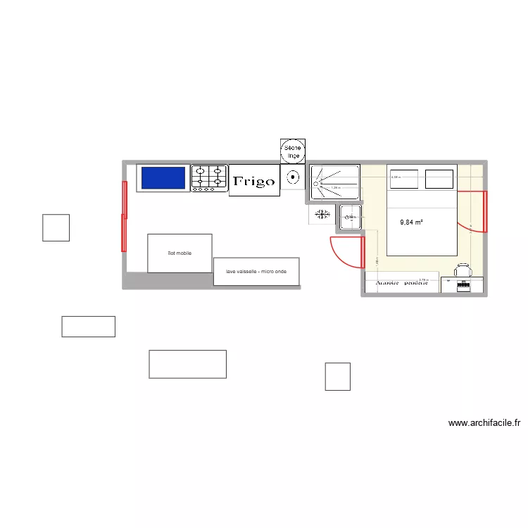 chambre cuisine. Plan de 2 pièces et 10 m²