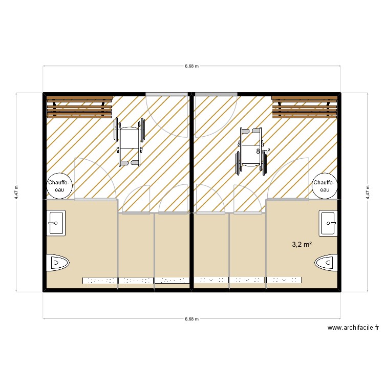 Vestaires. Plan de 8 pièces et 28 m2