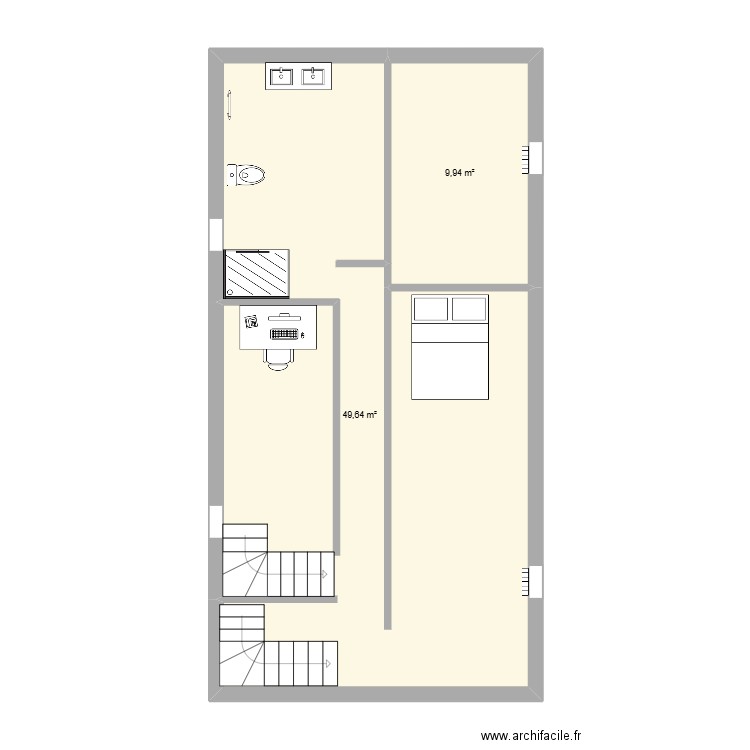 étage. Plan de 2 pièces et 60 m2