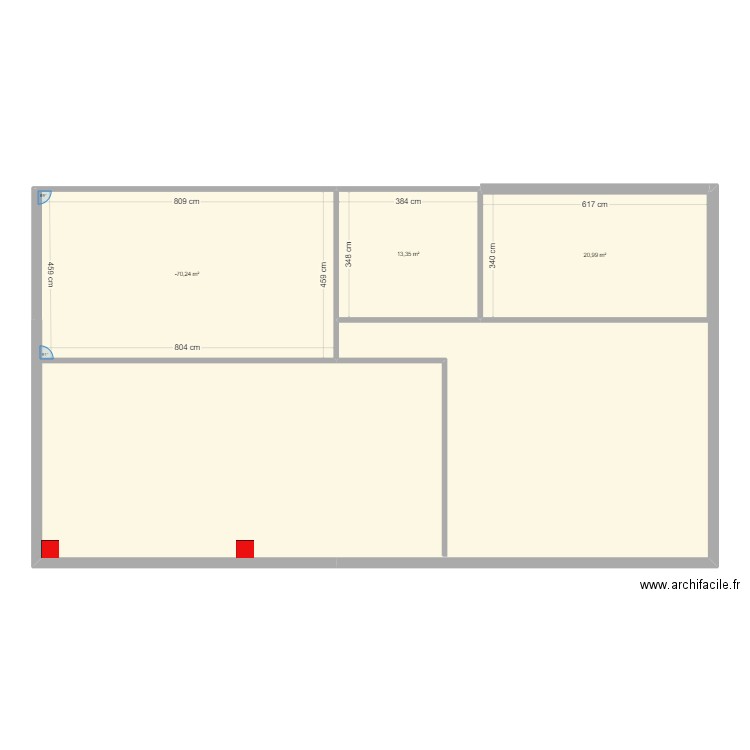 bureau coté holding. Plan de 3 pièces et 71 m2
