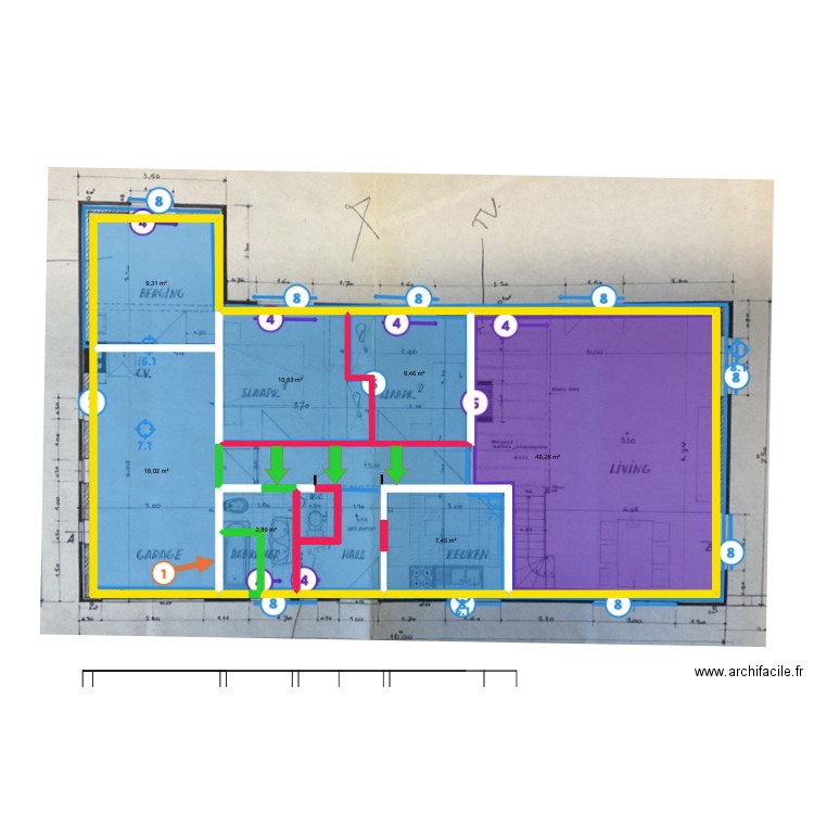Maison  murs à construire et à détruire Rez de chaussée. Plan de 15 pièces et 112 m2