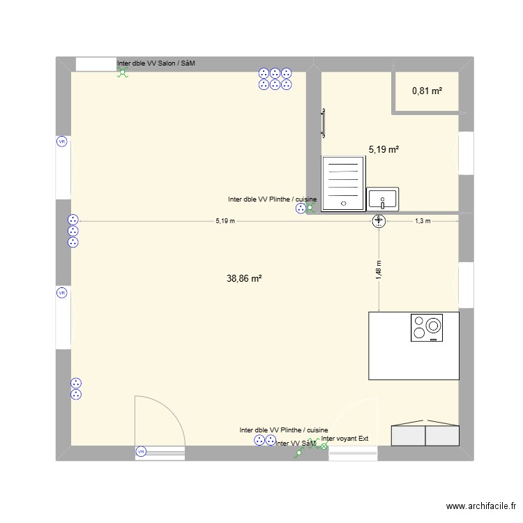 SdB. Plan de 3 pièces et 45 m2