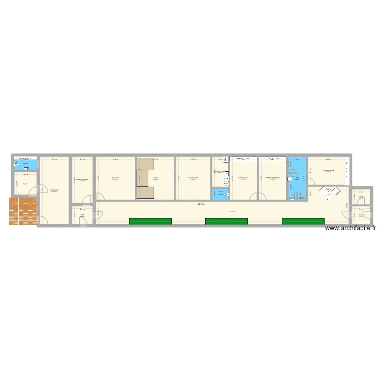 Earthship 1. Plan de 14 pièces et 194 m2