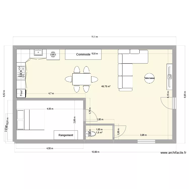 maison plain pied. Plan de 2  et 52 m²