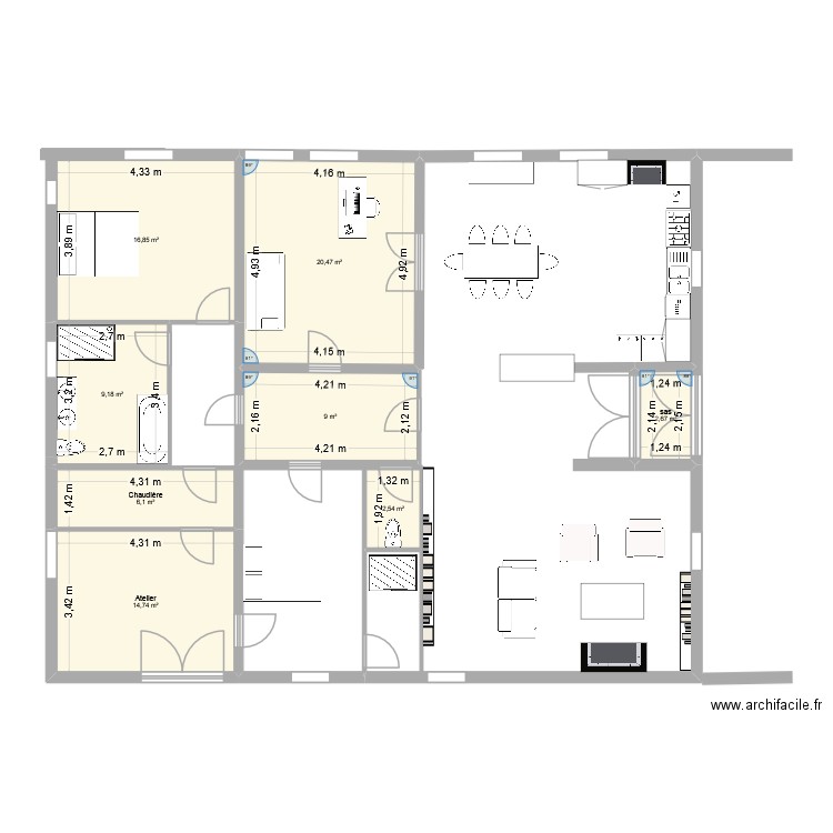 rechou. Plan de 6 pièces et 69 m2