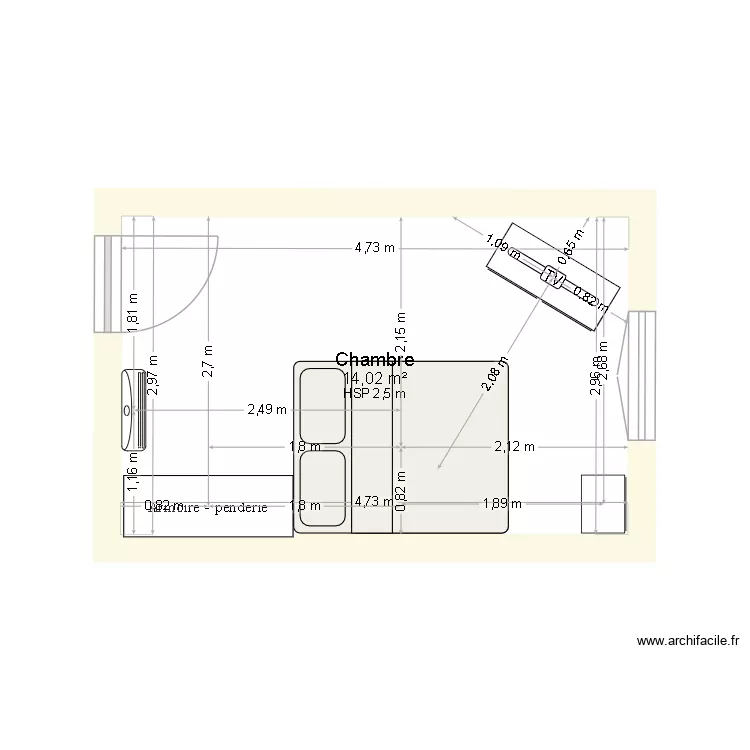 chambre LN. Plan de 1 Pièce et 14 m²