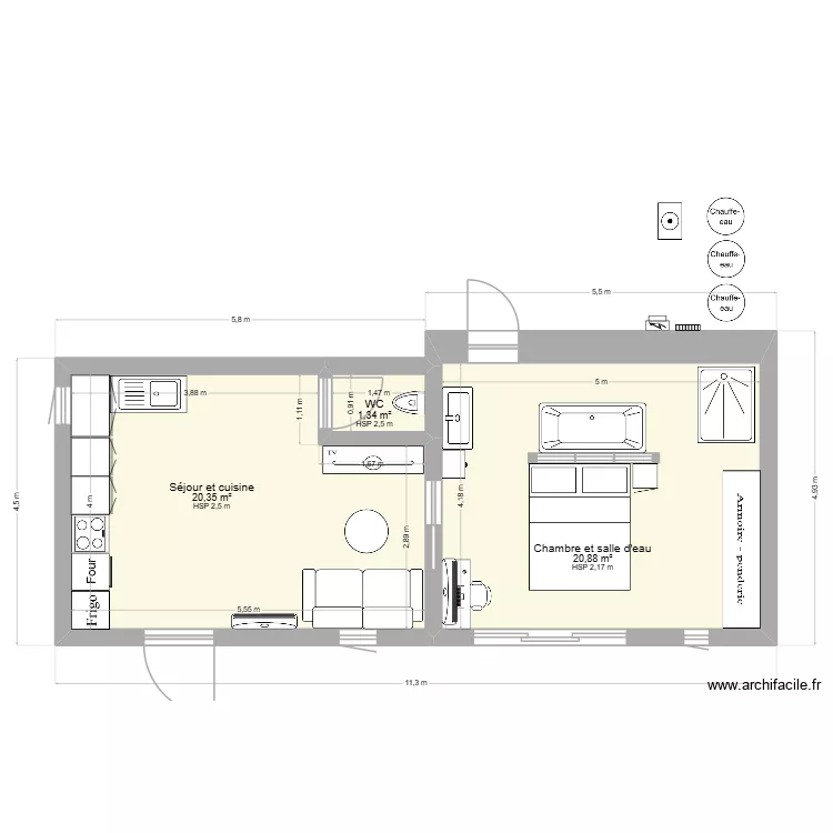 T2 maman apr&egrave;s travaux (ter). Plan de 3 pièces et 43 m²