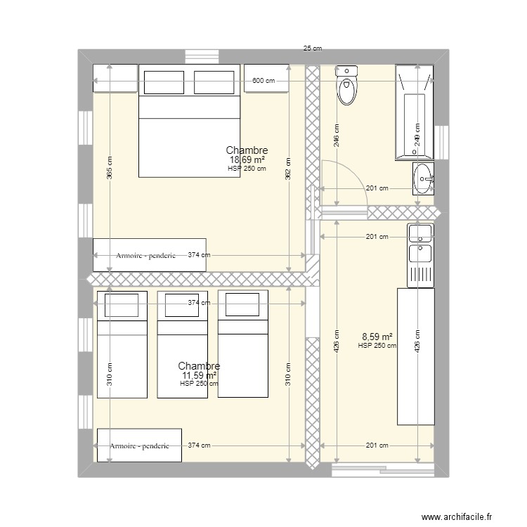 tigmi. Plan de 3 pièces et 39 m2