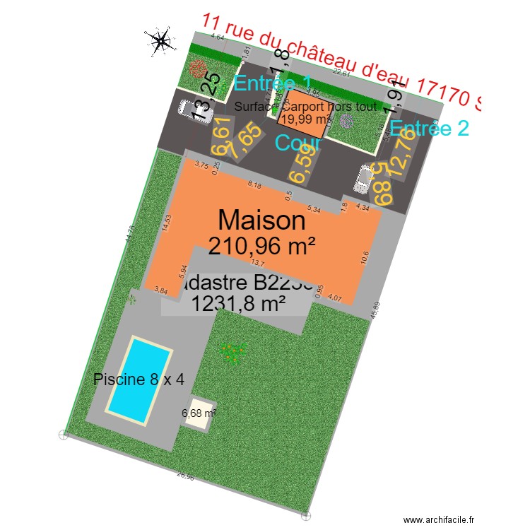 Plan de masse avec Carport. Plan de 2 pièces et 218 m2