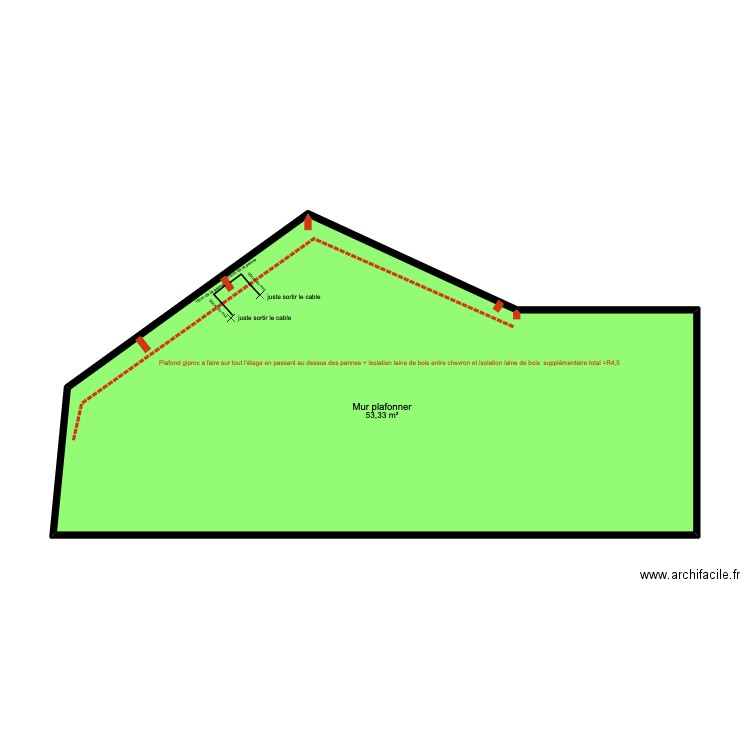 plafond dernier étage. Plan de 1 pièce et 53 m2