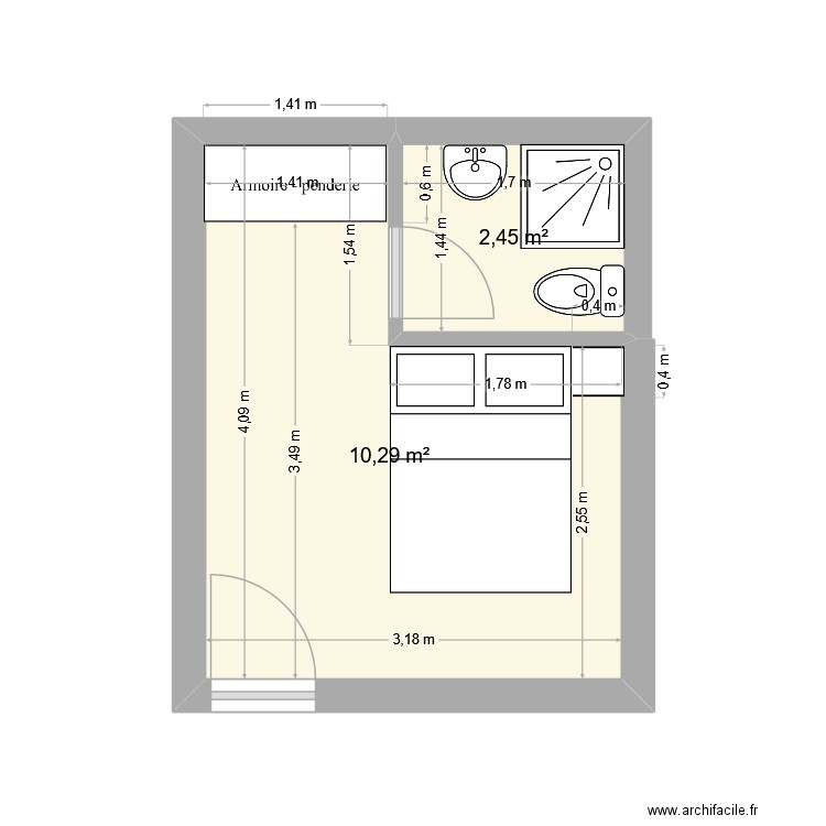 V1 chambre maison accueil Klara. Plan de 2 pièces et 13 m2