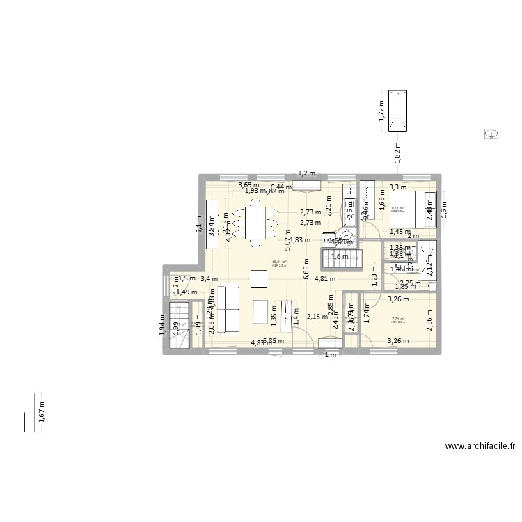Le Puy Plan Séjour cuisine Sud Nord 3.3. Plan de 8 pièces et 73 m2