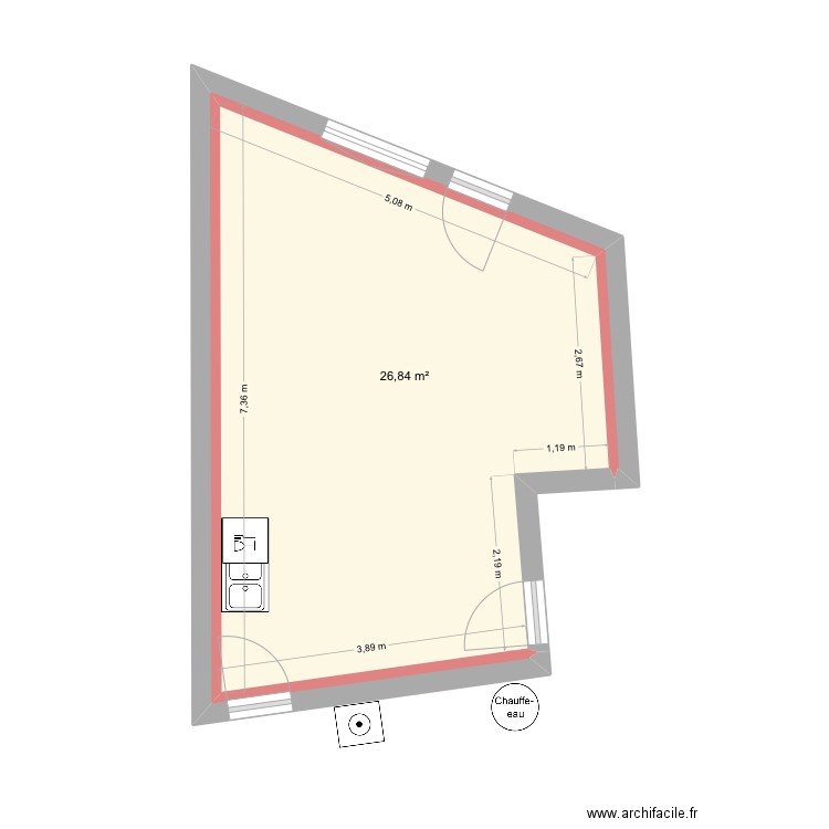 RDC grande loc plomberie. Plan de 2 pièces et 27 m2