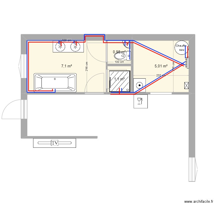S. Laurent RdC Plomberie. Plan de 4 pièces et 14 m2
