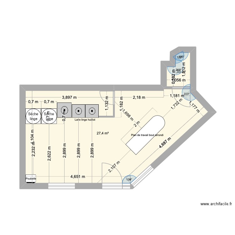 Laverie équipé MDM. Plan de 2 pièces et 29 m2
