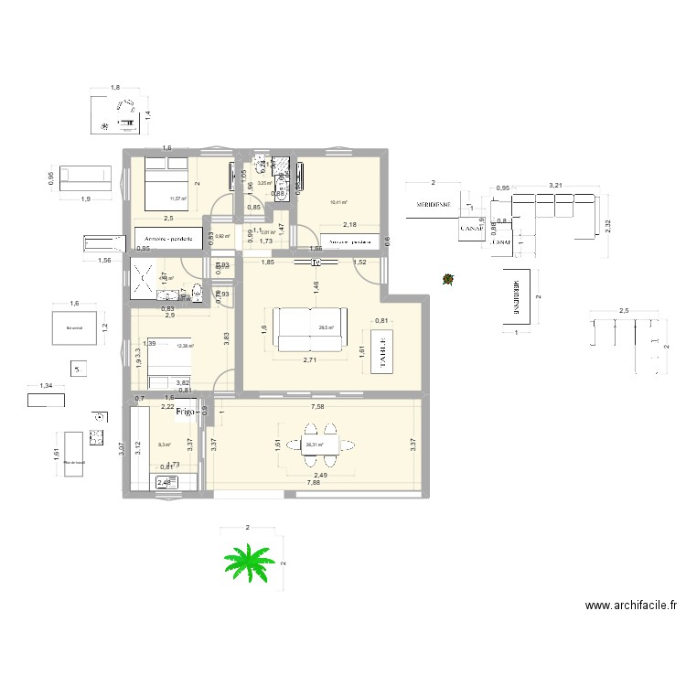 Cuisine ouverte. Plan de 13 pièces et 110 m2