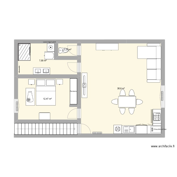 appartement T2 Emily. Plan de 4 pièces et 58 m2