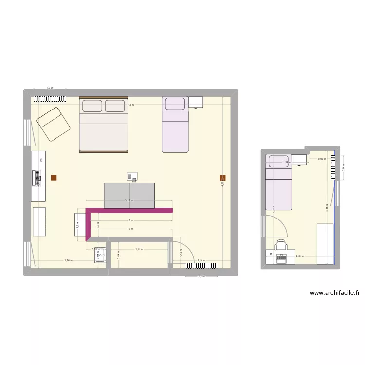 Chambre - projet 1. Plan de 3  et 55 m²