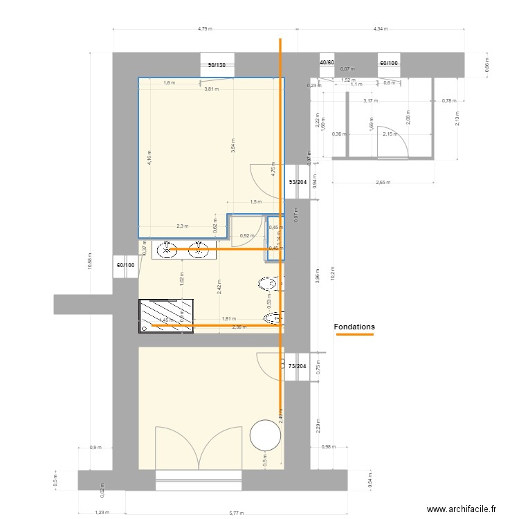 Ch 1 et S d'eau R de Ch  Emplacements ouvertures'. Plan de 2 pièces et 37 m2