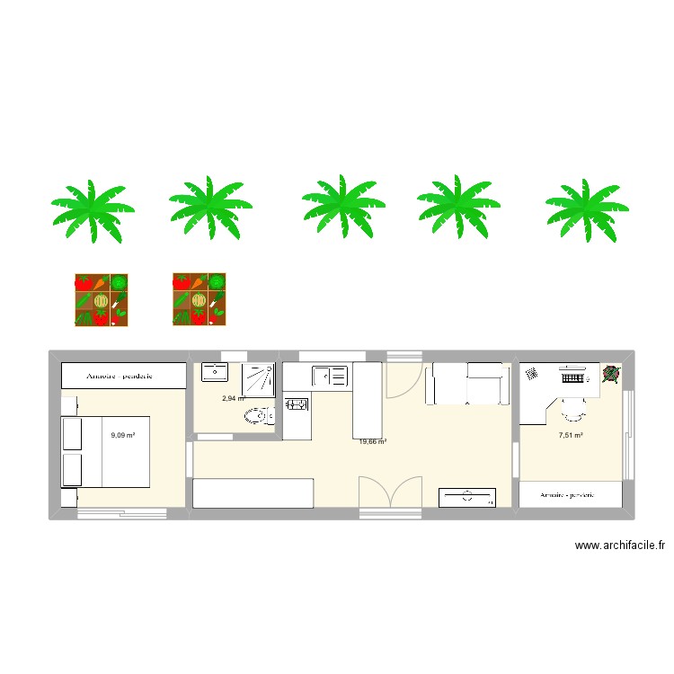 Tiny House. Plan de 4 pièces et 39 m2