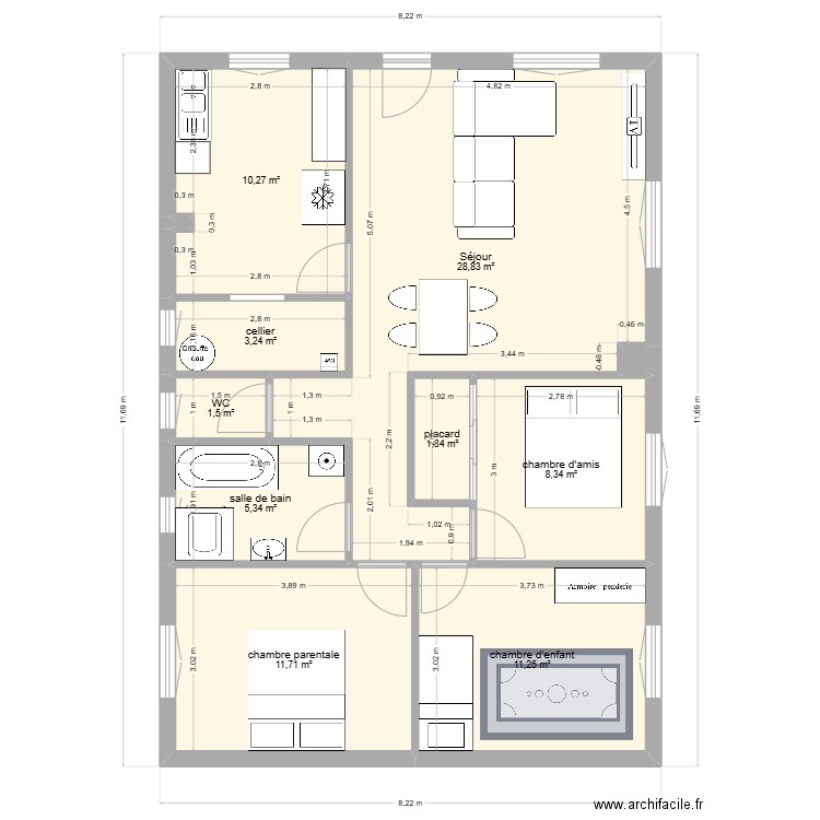 appartement KIDI. Plan de 11 pièces et 82 m2
