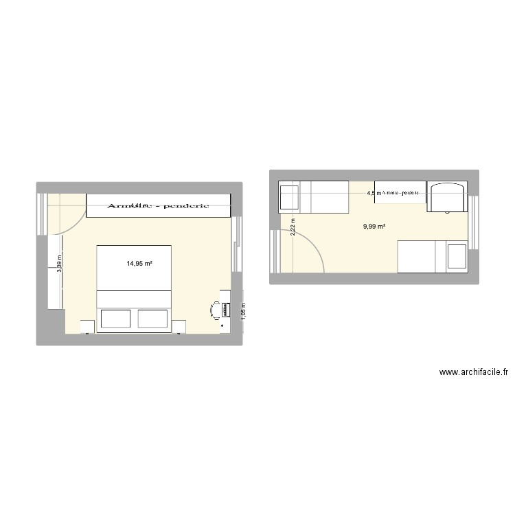 nouvelles chambres. Plan de 2 pièces et 25 m2