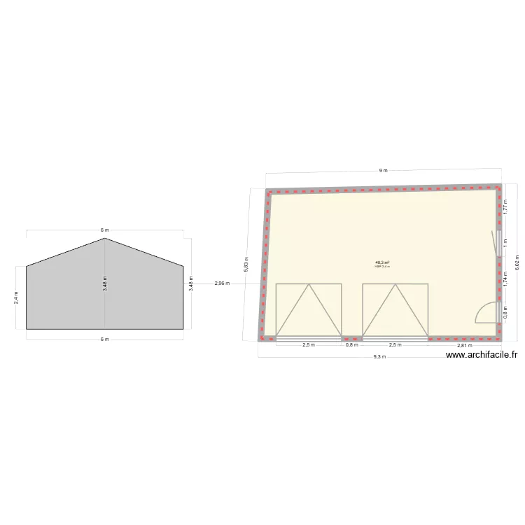 garage. Plan de 1  et 48 m²
