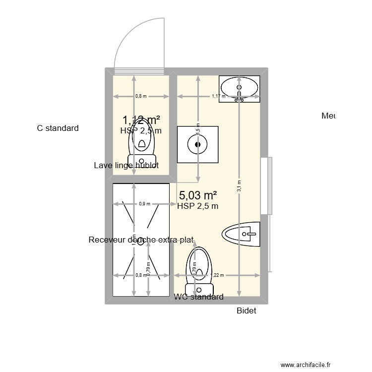 SDB DEGIRONDE. Plan de 2 pièces et 6 m2