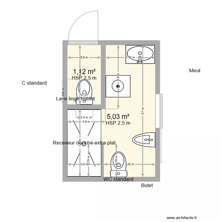 SDB DEGIRONDE. Plan de 2 pièces et 6 m²