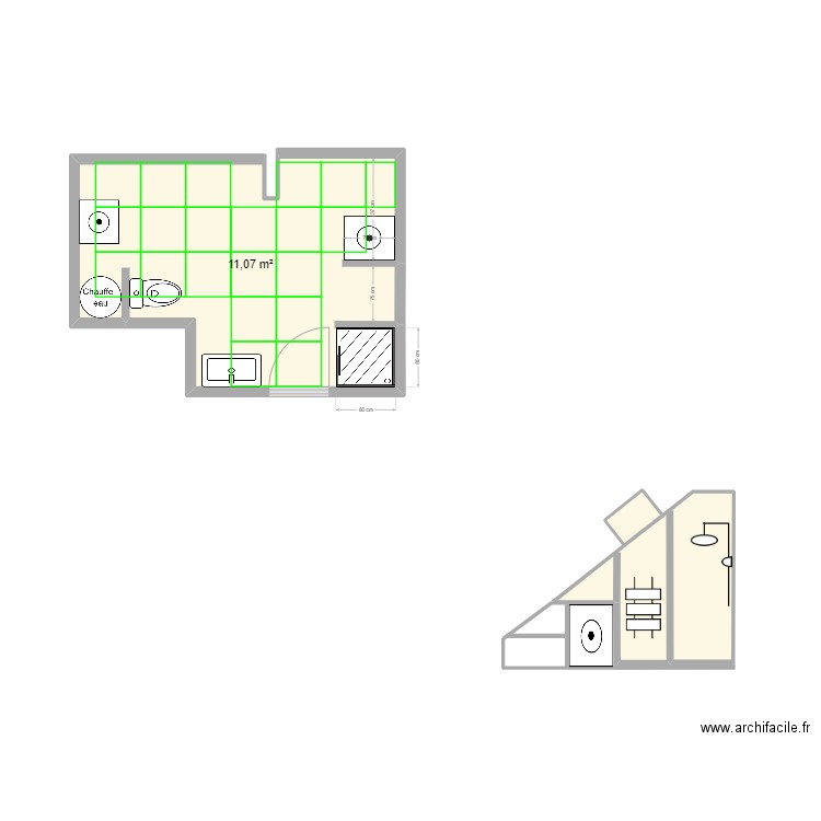 SDB. Plan de 3 pièces et 14 m2