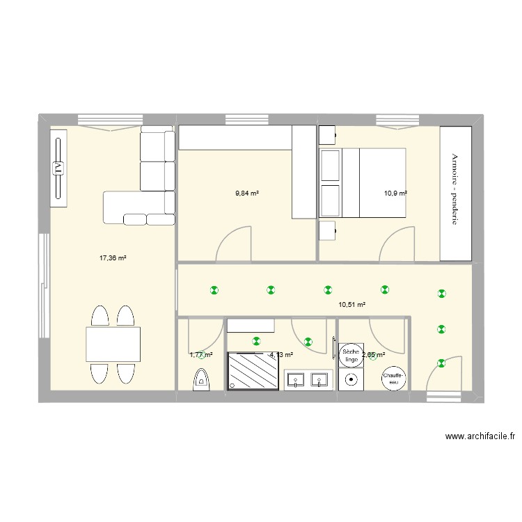 Lumière DUJOUR. Plan de 7 pièces et 57 m2