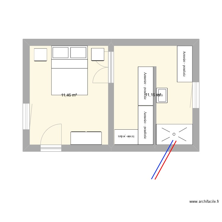 Exemple plan chambre. Plan de 2 pièces et 23 m2