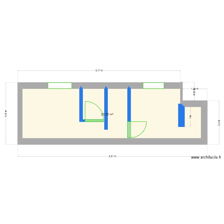 sdb arriere cuisie. Plan de 1 pièce et 20 m2
