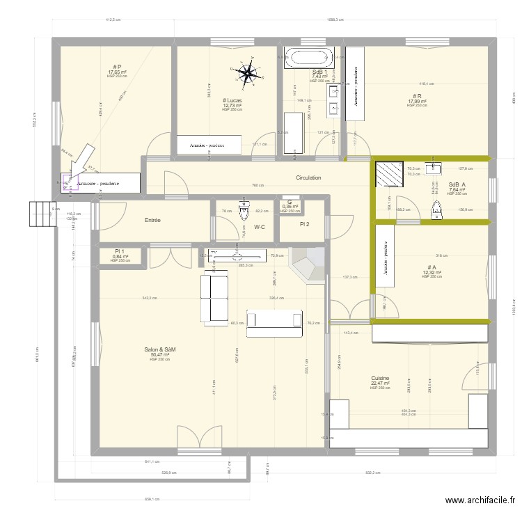 Plan maison pour travaux de climatisation. Plan de 14 pièces et 175 m2