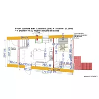 plan courtote apr&egrave;s  travaux avec cuisine SYSTEME POUJOLAT  + chambre sdb petite
