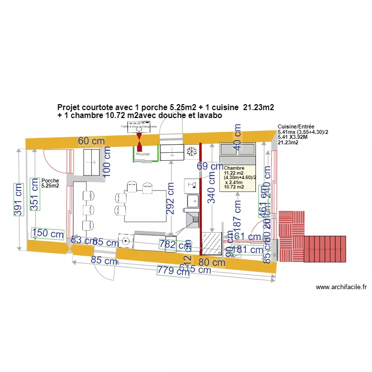 plan courtote apr&egrave;s  travaux avec cuisine SYSTEME POUJOLAT  + chambre sdb petite. Plan de 