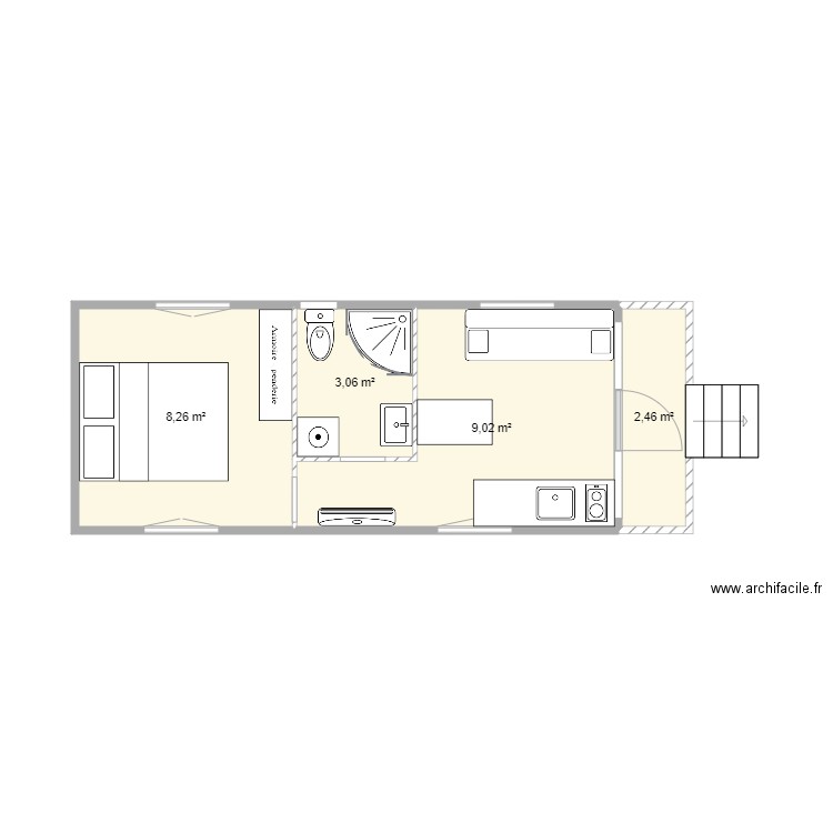 Roulotte 830 300. Plan de 4 pièces et 23 m2