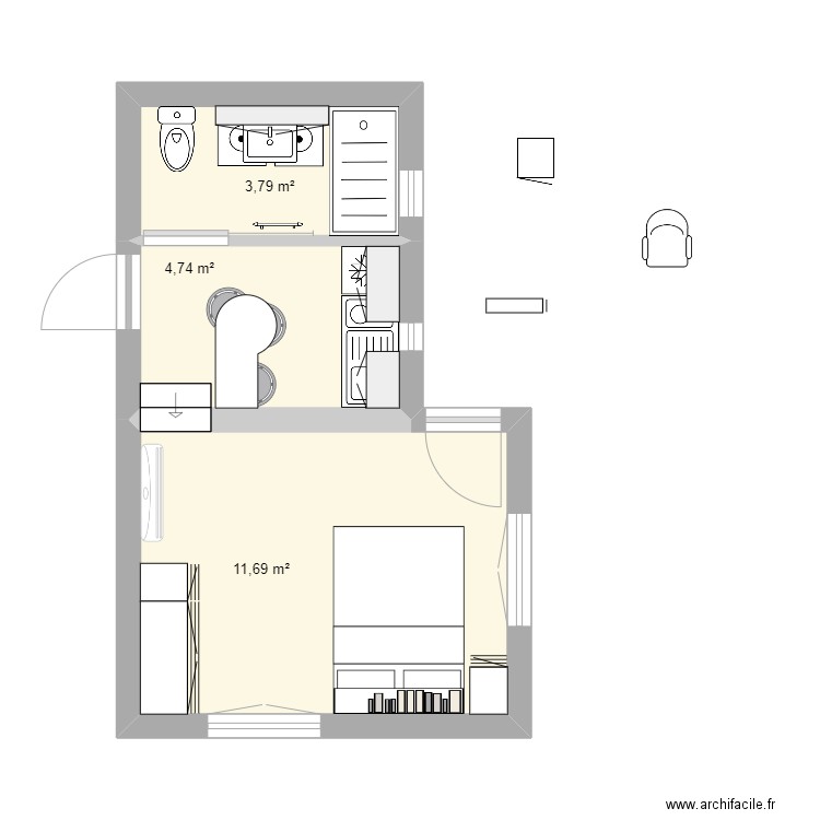 STUDIO TOUR PISCINE 2. Plan de 3 pièces et 20 m2