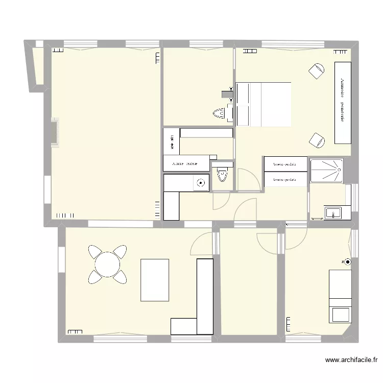 Villa Herran am&eacute;nag&eacute; apr&egrave;s d&eacute;molition - Mur salon d&eacute;plac&eacute;. Plan de 