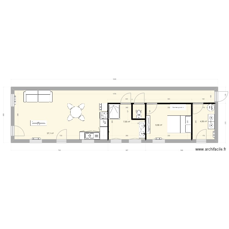 longere. Plan de 4 pièces et 60 m2