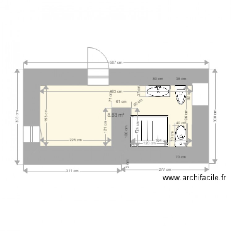 SdB Jeanine 100x120 quotation piece v2. Plan de 1 pièce et 9 m2