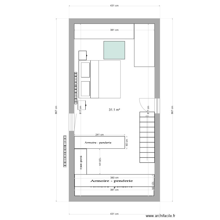 CHAMBRE ETAGE LFA. Plan de 1 pièce et 31 m2